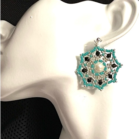 HAND CRAFTED Chunky Web Earrings Turquoise and Silver - Picture 3 of 7